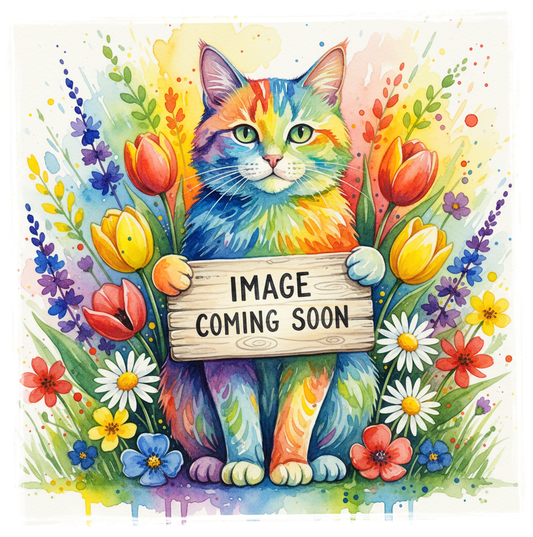 Watercolor cat with rainbow spring flowers holding image coming soon sign placeholder