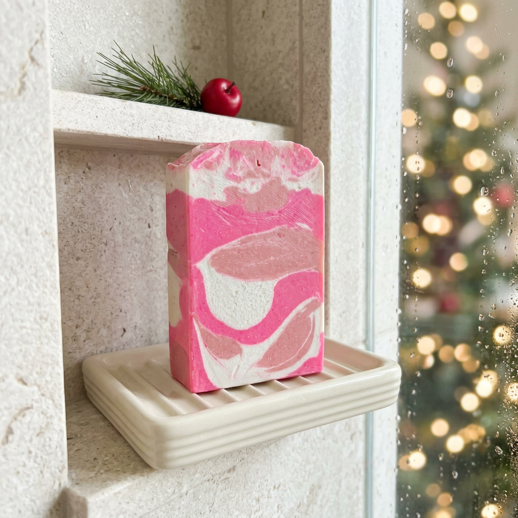 Winter Candy Apple goat milk soap with pink and white swirls on an ivory dish in a stone shower niche, with evergreen accents and blurred Christmas lights.