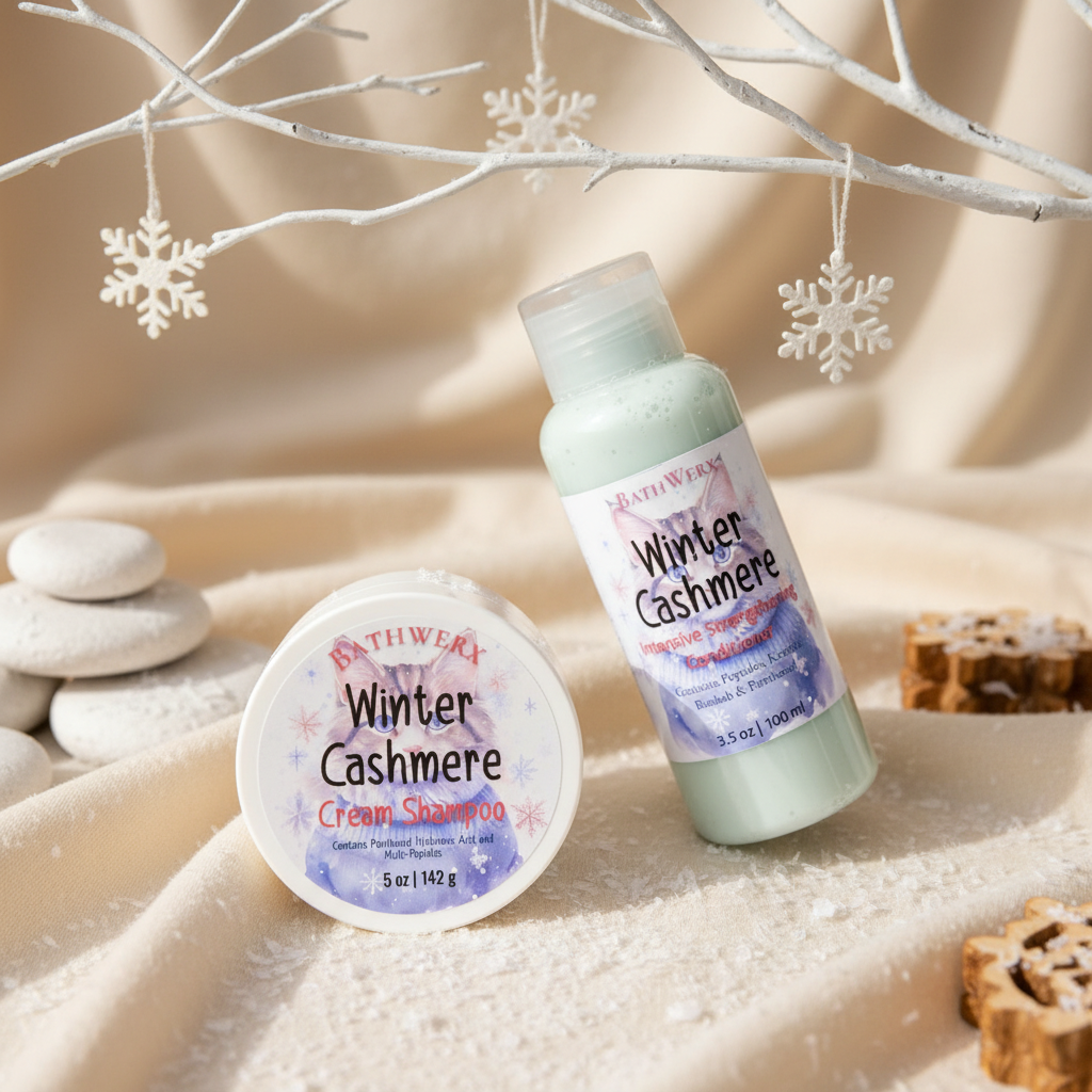 Two containers of 'Winter Cashmere' shampoo and conditioner on a sandy surface with decorative branches and snowflakes.